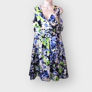 Floral V-neck Dress by Evan Picone White, Periwinkle, Blue, and Green Size 8